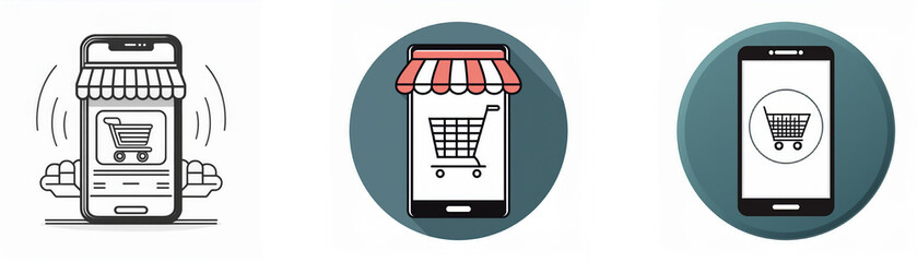 Poster - Three illustrations depicting the concept of online shopping on a mobile phone.