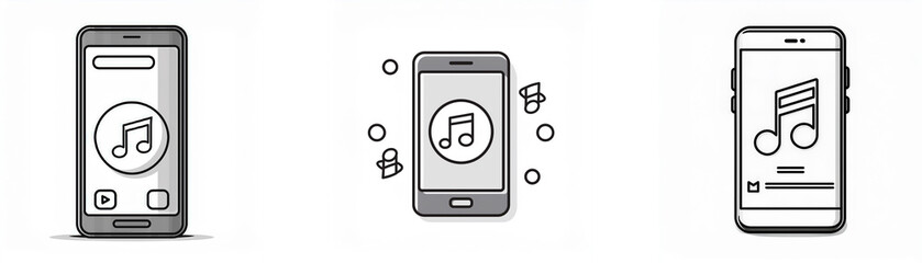 Leinwandbilder - Three different illustrations of a smartphone with a music note icon on the screen.