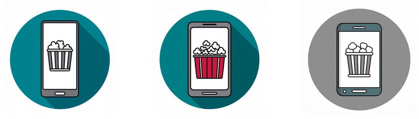 Poster - Three smartphone icons with different colored backgrounds showing a bucket of popcorn on the screen.
