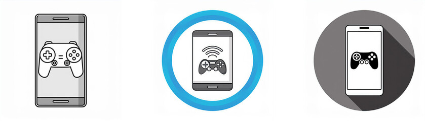 Aufkleber - Three icons of a smartphone with a game controller on the screen, one shows a wireless connection