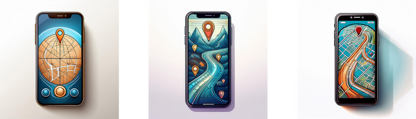 Poster - Three smartphones with different navigation app interfaces, each displaying a unique route.