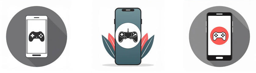 Leinwandbilder - Three smartphones with a gamepad icon on the screen. The middle phone is surrounded by leaves.