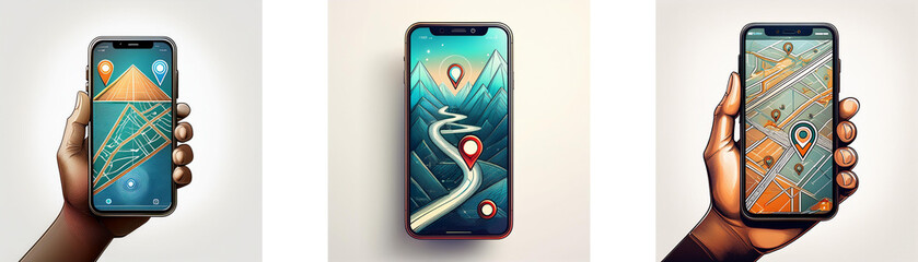 Fototapete - Three hands hold smartphones displaying maps with location pins.