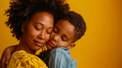 An African American boy holds his mother with closed eyes against a yellow background, symbolizing Mother's Day in a Brazilian family.