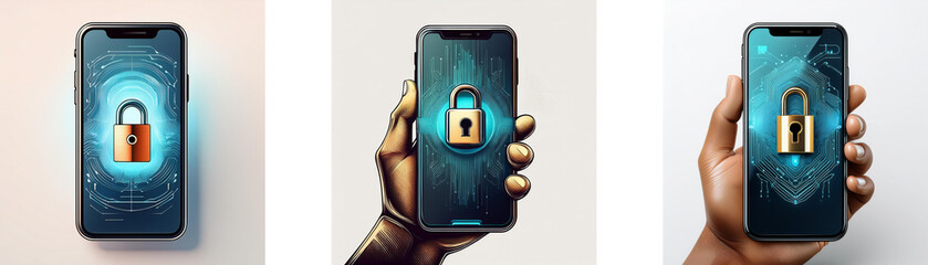 Fototapete - Three smartphones, each with a gold padlock displayed on the screen, represent security and protection.