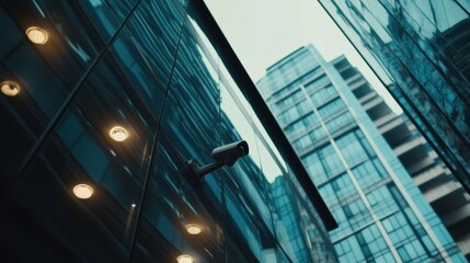 Poster - The exterior of a sleek office building showcases surveillance cameras watching the area, surrounded by reflective glass surfaces. Generative AI