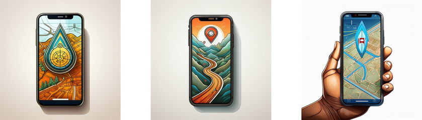 Fototapete - Three smartphone screens with illustrations depicting a water drop, a winding road and a map with a pin.