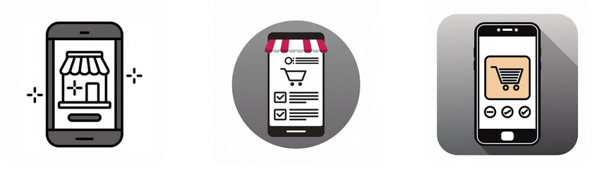 Fototapete - Three smartphone icons with different design styles for shopping online.