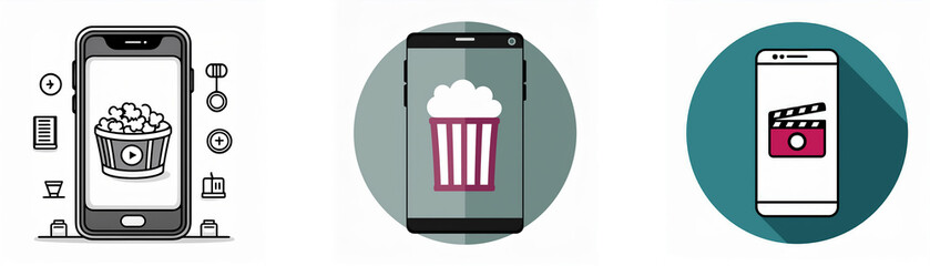 Leinwandbilder - Three smartphone icons, each with a different image: a bucket of popcorn, a bucket of popcorn, and a clapperboard.