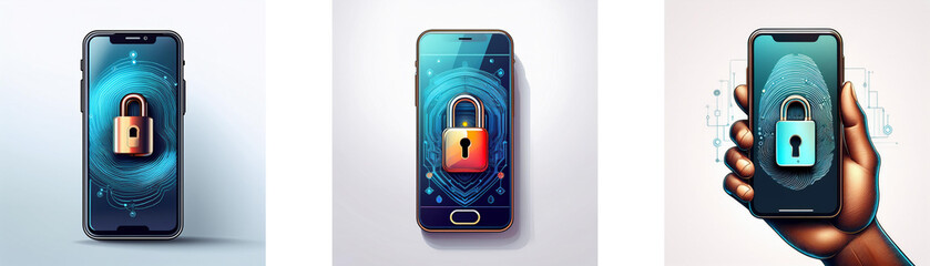 Fototapete - Three different depictions of a mobile phone displaying a padlock.