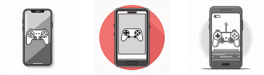 Leinwandbilder - Three different phone screens depicting a gamepad, the first is a black and white display, the second is in a red circle, and the third has a game controller app interface.