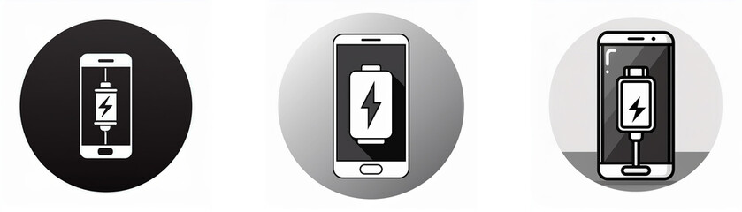 Leinwandbilder - Three different icons represent the charging of a mobile phone with a lightning bolt symbol.
