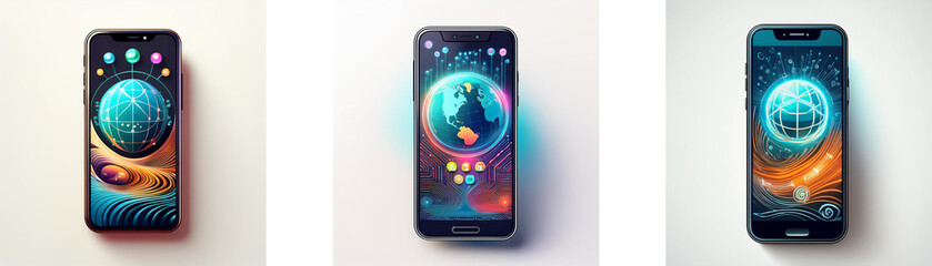 Aufkleber - Three smartphones are shown in a row. The screens are all illuminated with different color schemes, and each displays a glowing sphere.