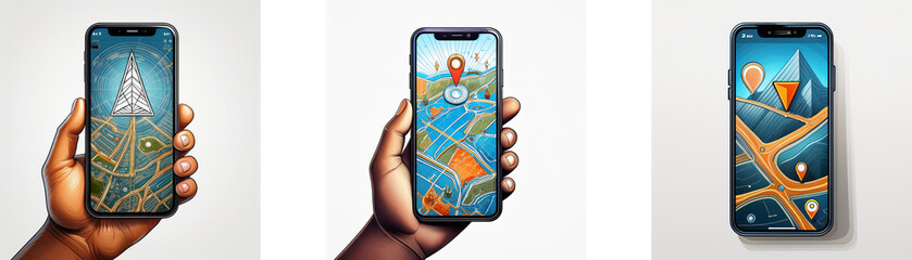 Fototapete - Three hands are holding smartphones displaying a map interface with a variety of navigation options.