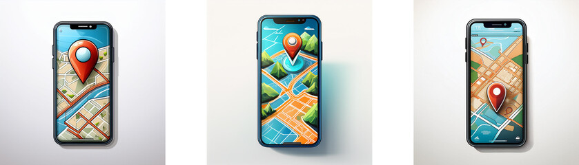 Fototapete - Three smartphones display maps with location pins, suggesting navigation and travel.