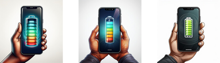 Poster - Three hands are holding smartphones, each displaying a different battery percentage.