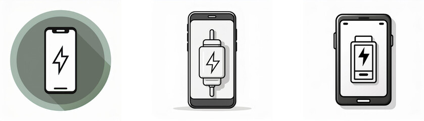 Poster - Three black and white images showing a smartphone with a battery and lightning bolt icon.