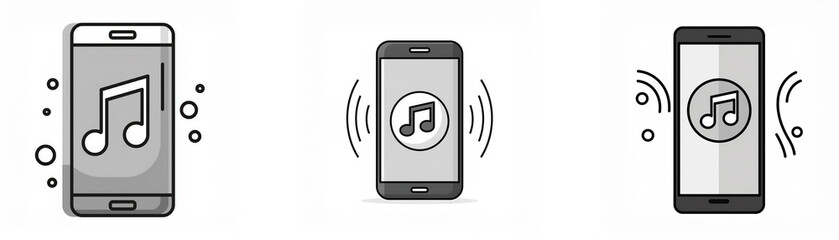 Poster - Three grayscale illustrations of a smartphone with a music note icon on the screen, one with no sound waves, one with sound waves on one side, and one with sound waves on both sides.