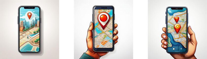 Fototapete - Three hands holding smartphones displaying maps with pins.