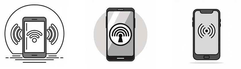 Fototapete - Three illustrations depicting smartphones with wifi signal icons on their screens.