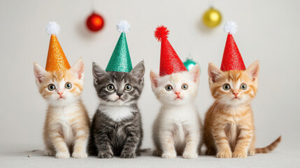 Wall Mural - Cute kittens wearing festive hats celebrate New Year with joy!