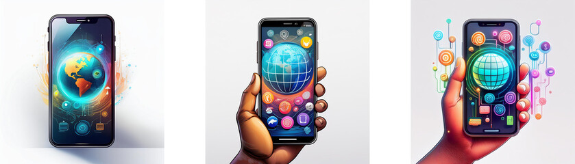 Fototapete - Three hands holding smartphones with a globe displayed on the screen, surrounded by abstract shapes.