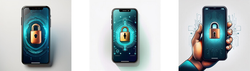 Fototapete - Three different angles of a modern smartphone displaying a padlock on the screen with a blue and green background.