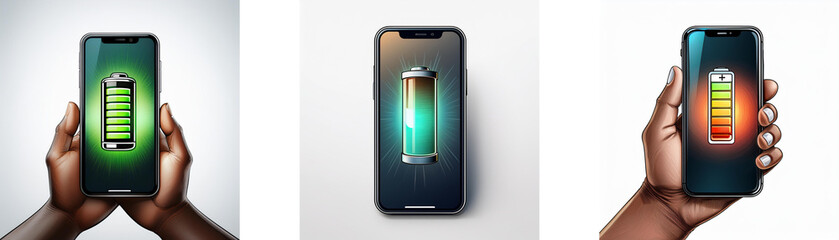 Poster - Three smartphones showing different battery levels on their screens, held in hands.