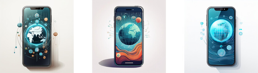 Leinwandbilder - Three smartphone screens display different planets with a colorful abstract design.
