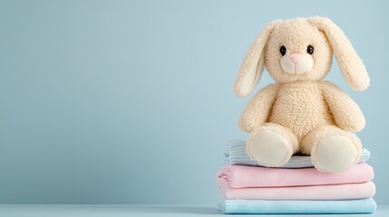 Adorable pastel bunny sits atop a stack of soft pink and white baby clothes, creating a serene atmosphere perfect for newborn-themed designs