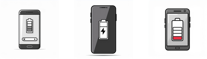 Leinwandbilder - Three smartphone screens display different battery levels, one full, one charging, and one low.