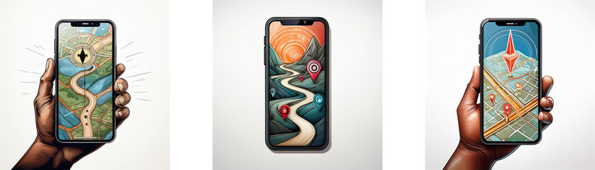 Poster - Three hands hold smartphones with stylized map interfaces on the screens.