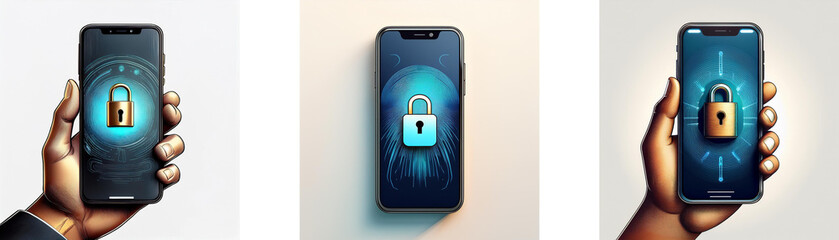 Fototapete - Three hands hold smartphones with lock icons on the screen.