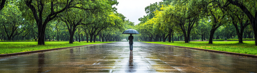 person walking alone under umbrella on rainy day in park, surrounded by lush green trees and wet pat