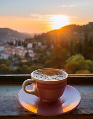 Un cremoso café  en un precio atardecer a traves de la ventana