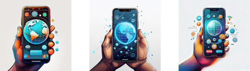 Poster - Three hands holding smartphones with a globe on the screen.