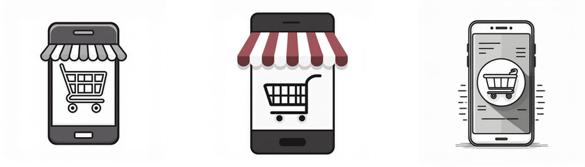 Poster - Three mobile phones with storefront awnings and shopping cart icons.