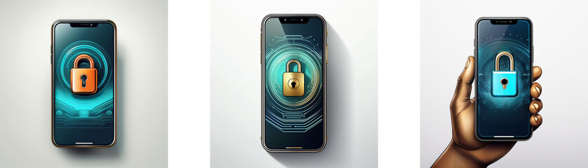 Fototapete - Three smartphone screens with a padlock icon displayed.