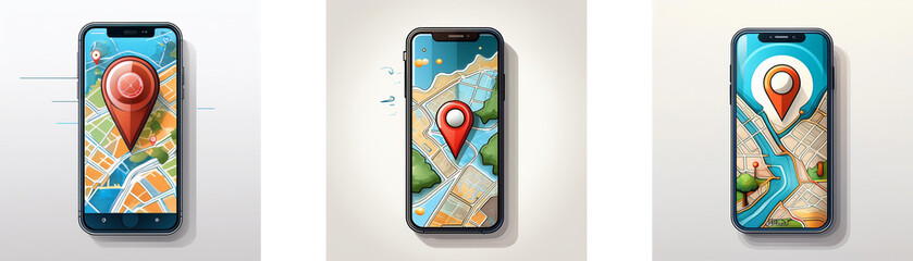 Poster - Three smartphones with different maps and a red location pin.