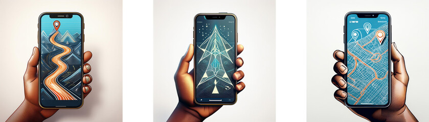 Poster - A hand holds a smartphone displaying three different screens: a winding path, a starburst-like pattern, and a map with blue streets.