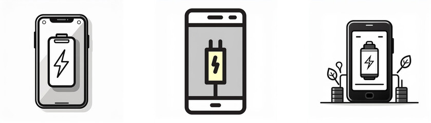 Poster - Three illustrations of smartphones, one showing a charging battery, one showing a charging plug, and one with a phone displaying a battery with a lightning bolt icon and green plants.