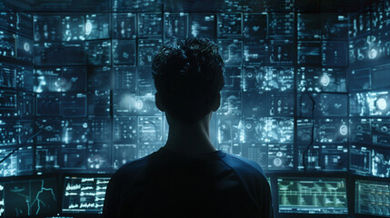 Hacker Observing Digital Data Stream in Cyber Environment