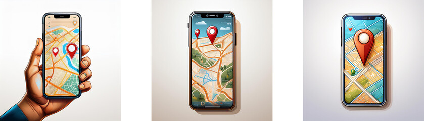 Poster - Three smartphones with digital maps and red location pin markers displayed on the screen.