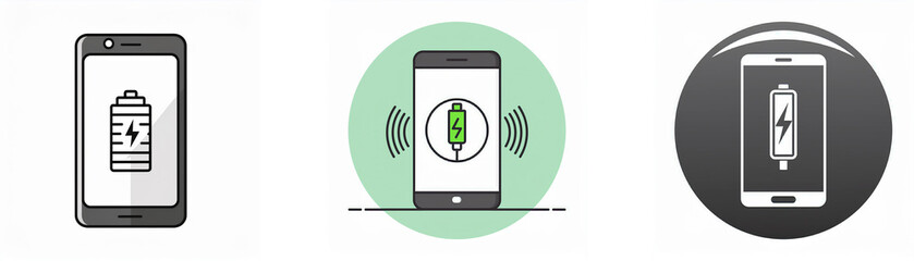 Poster - Three illustrations of a mobile phone charging using different methods, including wireless charging.