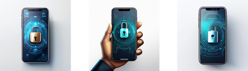 Fototapete - Three smartphones, one laying flat and two held in hand, display lock icons on their screens.