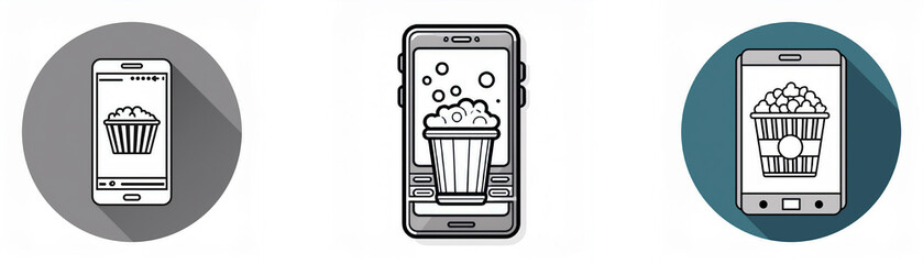Fototapete - Three round icons each containing a smartphone with an image of popcorn in a bucket on the screen.