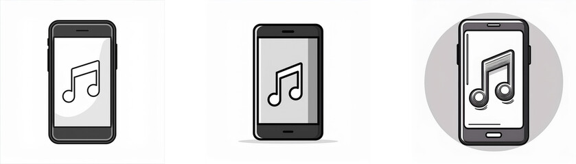 Fototapete - Three depictions of a smartphone with a music note icon on the screen.