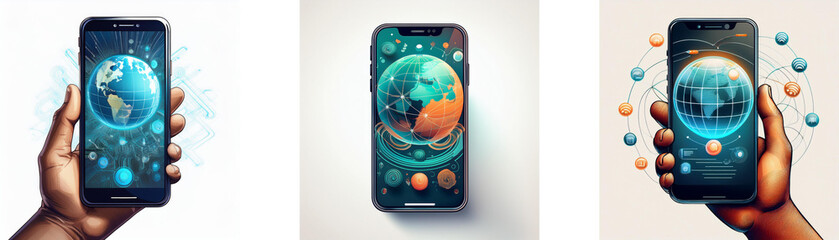 Poster - Three hands hold smartphones with a globe icon on the screen, representing global connection.