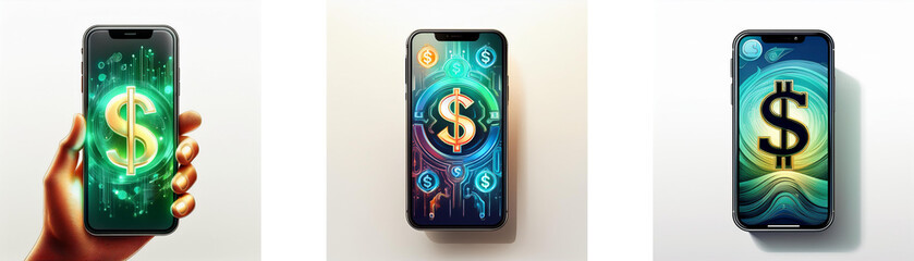 Poster - Three smartphones display a dollar sign symbol on the screen.