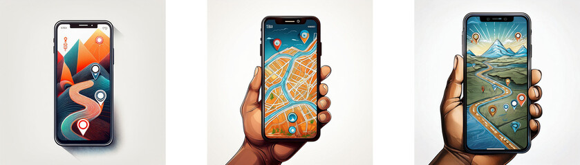 Aufkleber - Three smartphones displaying different interfaces with stylized maps.